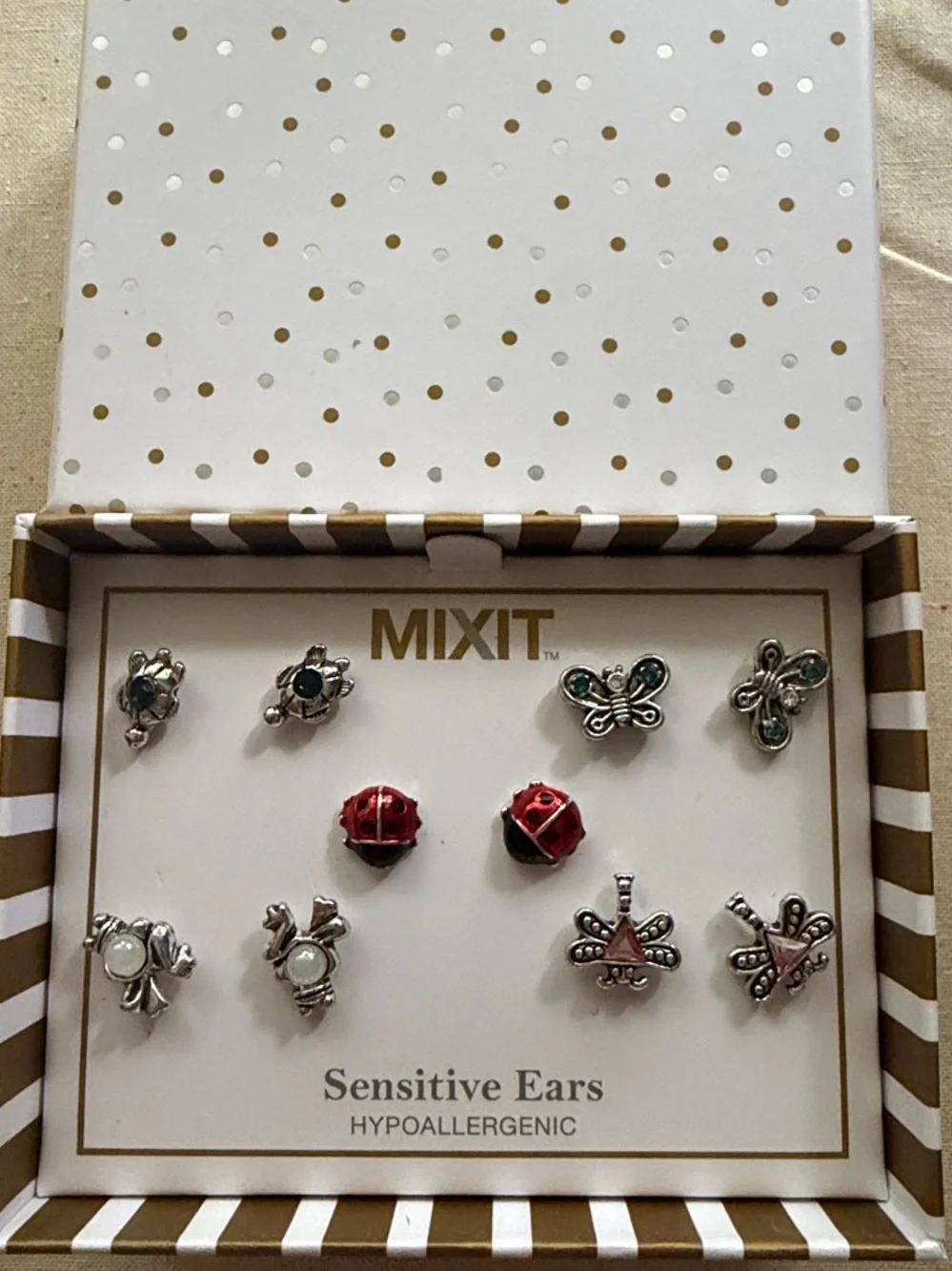 Mixit Silver Tone Stud Earring Set with Red and Green Accents